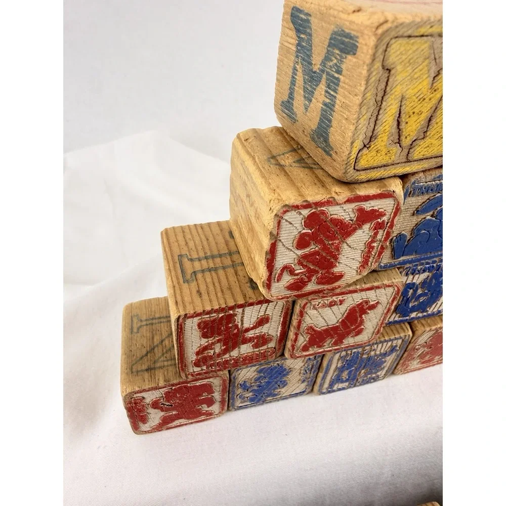 Vintage Wooden Alphabet Blocks‎ ABC Picture Toy Set 44 Nursery Rhyme Animals
